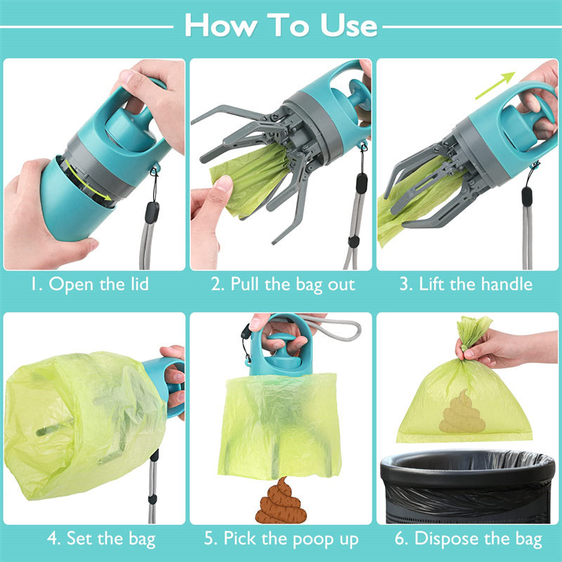 Portable Dog Pooper Scooper with Bag Dispenser & 8-Claw Shovel